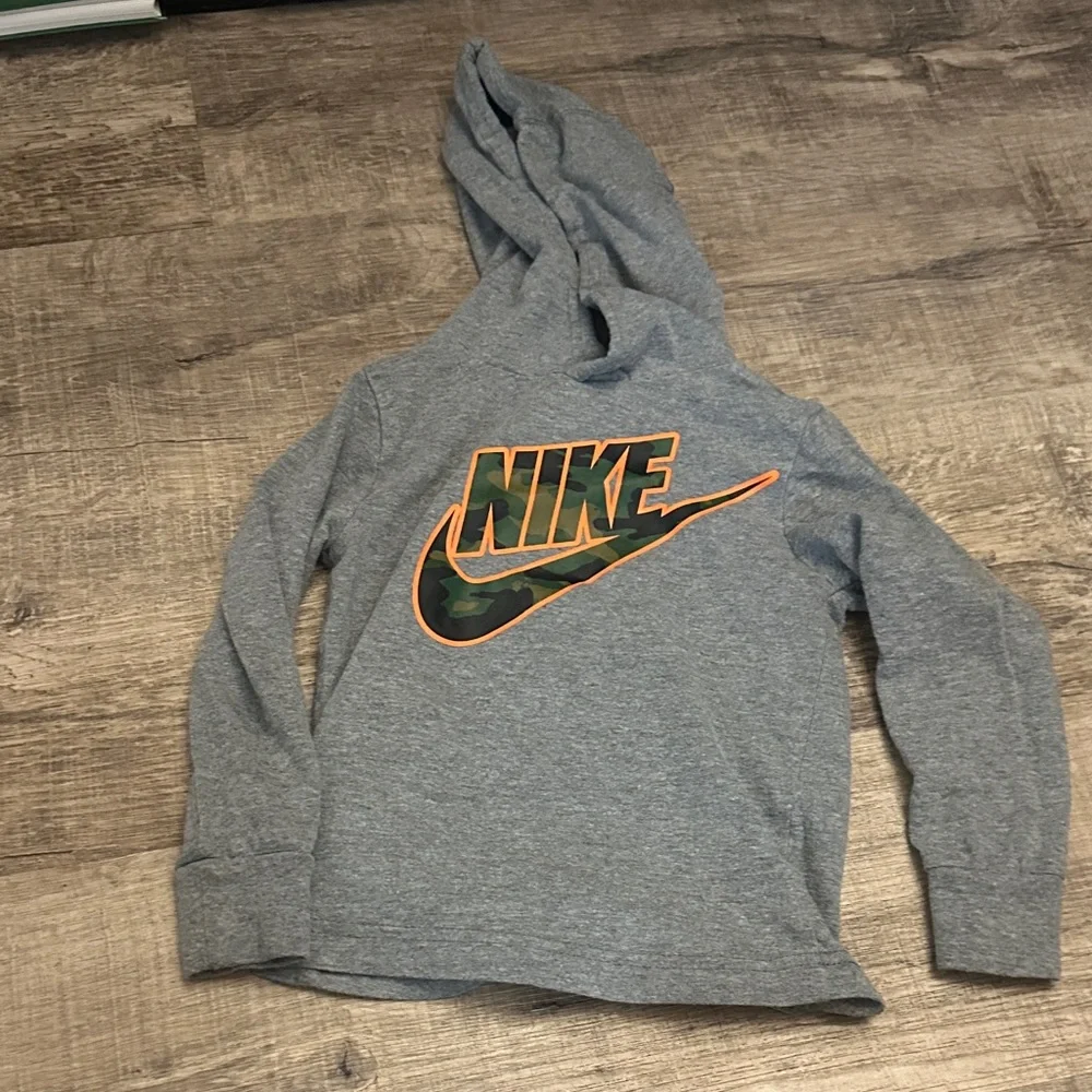 Nike Kids Gray Hoodie with Camouflage Orange Logo